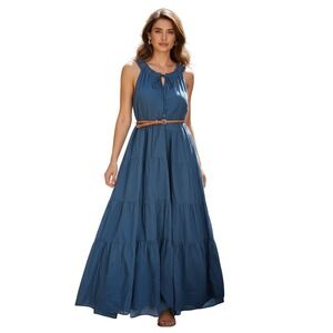 Rhea Blue Cotton Tiered Maxi Dress L XL Ruffle Neck Boho Peasant Sleeveless NWT